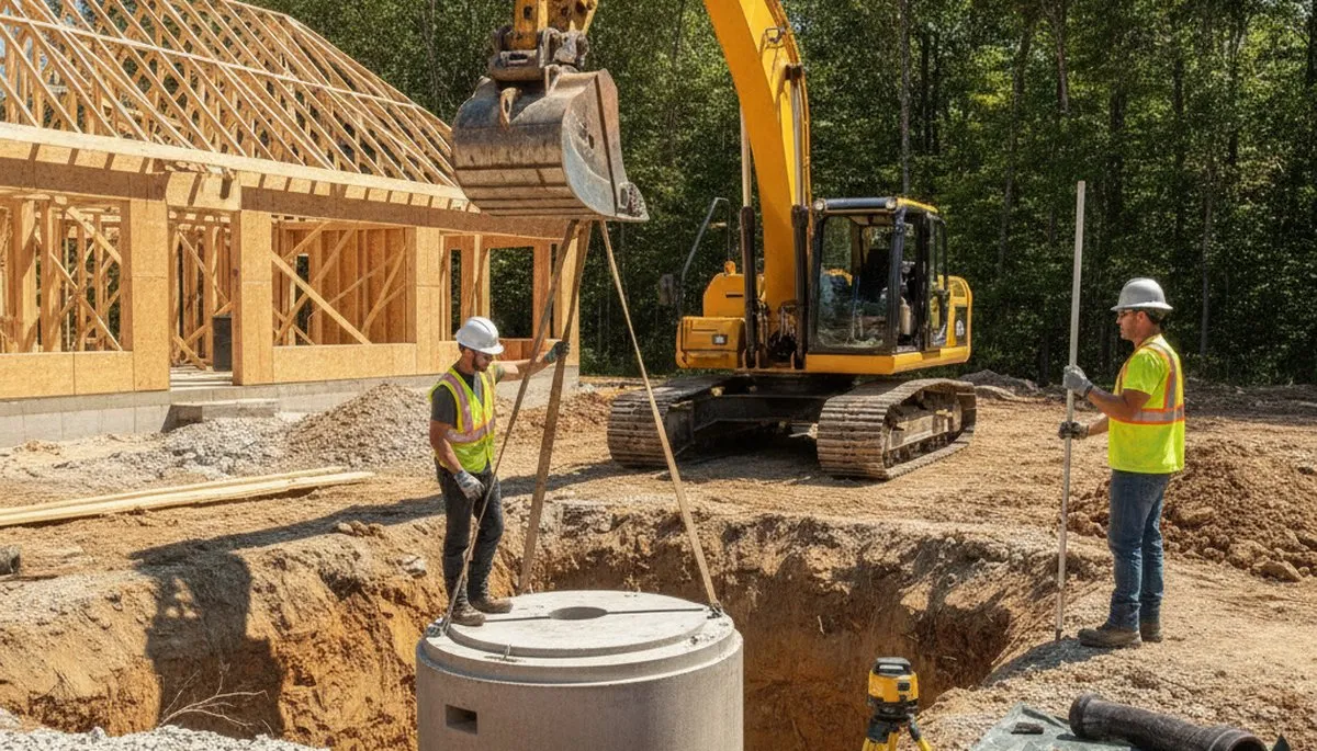 Septic tank installation crew in Charlotte, NC preparing a residential plumbing site for service